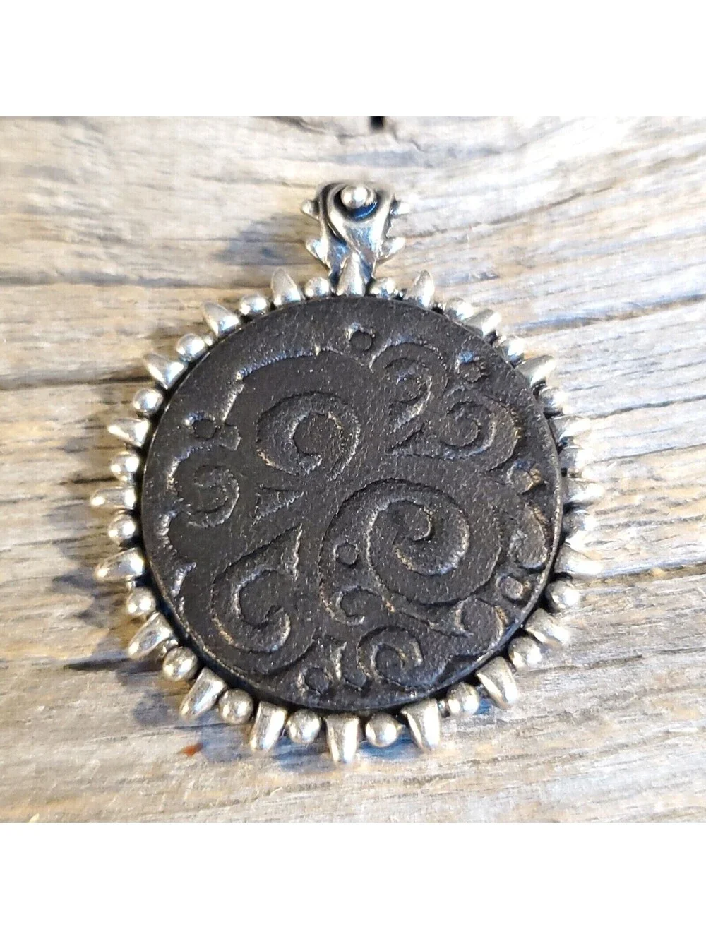Vintage Black Leather Embossed Swirls Bali Style Bail Silver Pewter Pendant